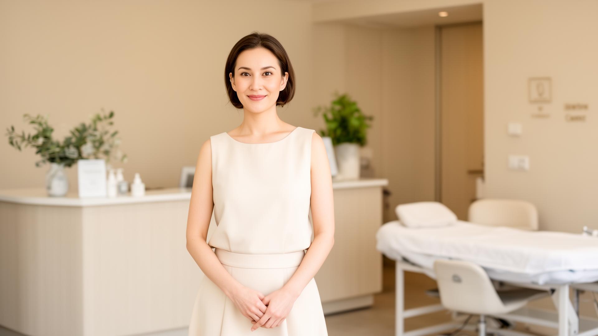 A calm salon owner standing confidently in her treatment space